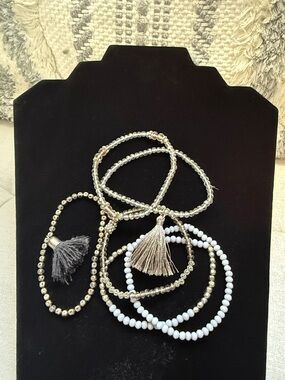 Beaded Tassel Stretch Bracelet Set - Gold and White